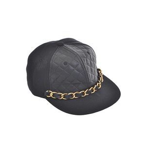 Black Faux Leather Chain Detail Cap